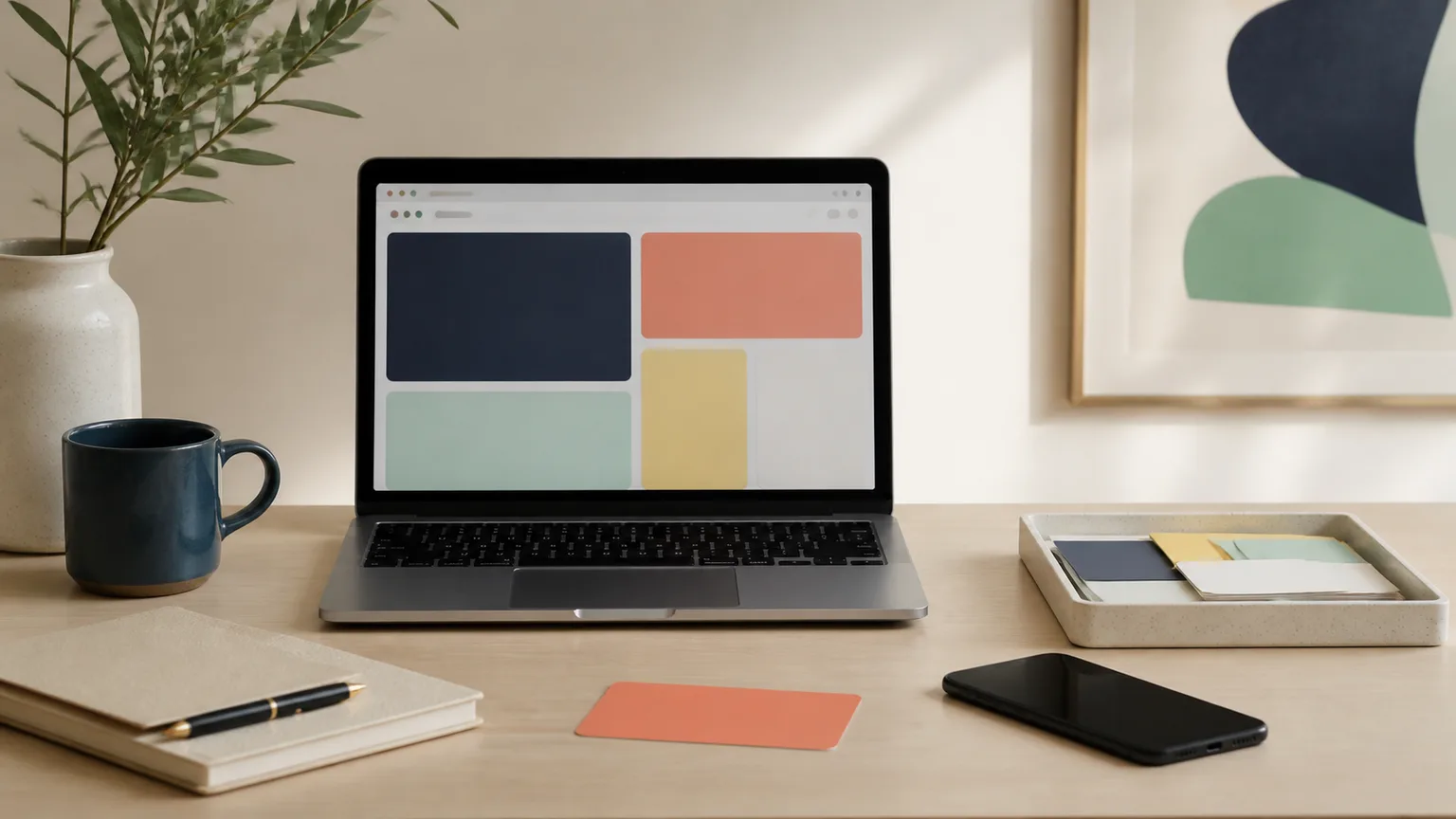 Tidy laptop showing abstract grouped browser tabs with a notebook, focus card, and phone face down