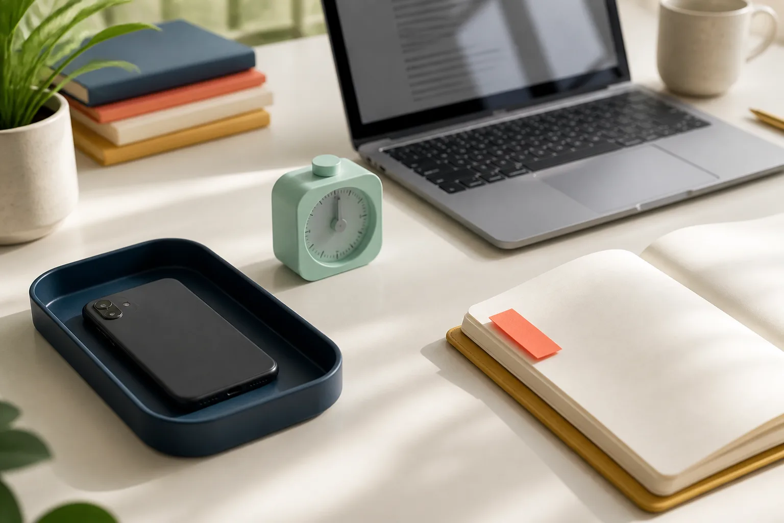 A phone placed face down in a navy tray beside a timer, notebook, and laptop.