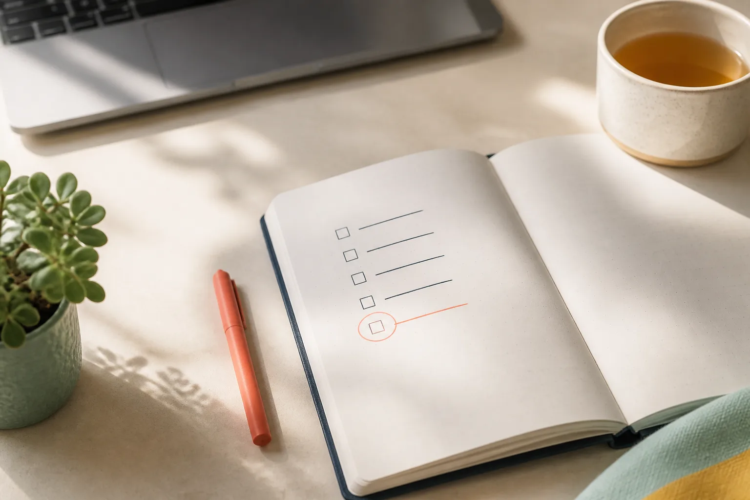 An open notebook with a coral first-step marker, pen, tea, and laptop on a calm desk.